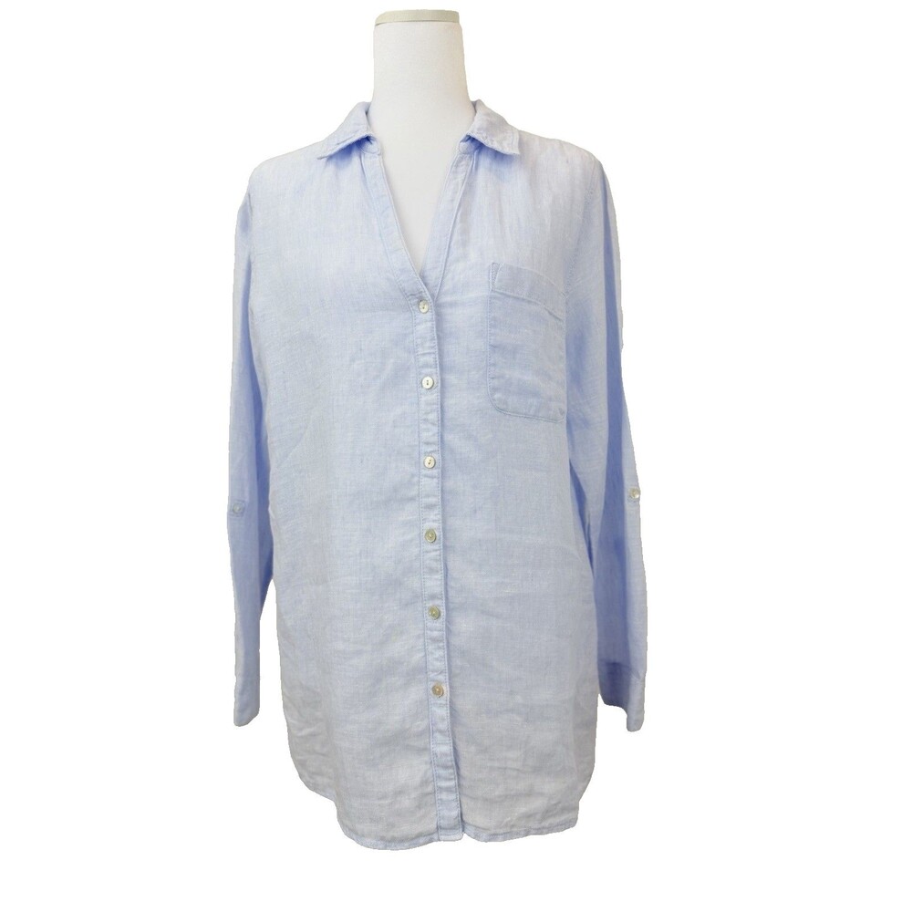 Womens 100% Linen Button Front Shirt Light Blue Relaxed Fit Pocket Minimalist